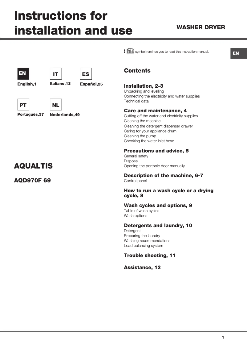 Image de la première page du manuel de l'appareil AQD970F 69