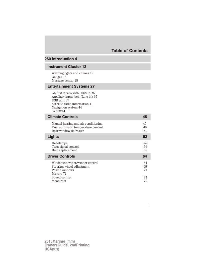 Page 1 de la notice Manuel utilisateur Mercury Mariner (2010)