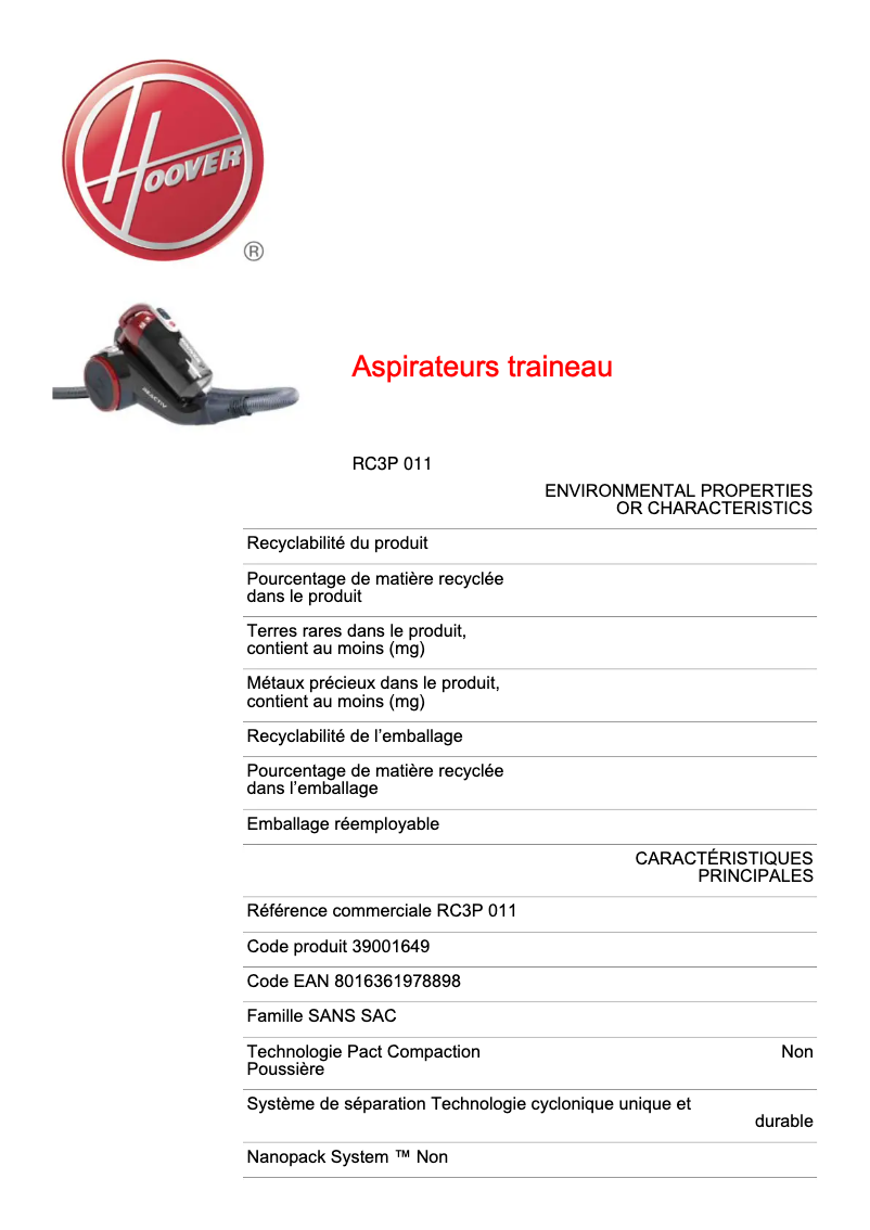 Page 1 de la notice Fiche technique Hoover Reactiv RC3P 011