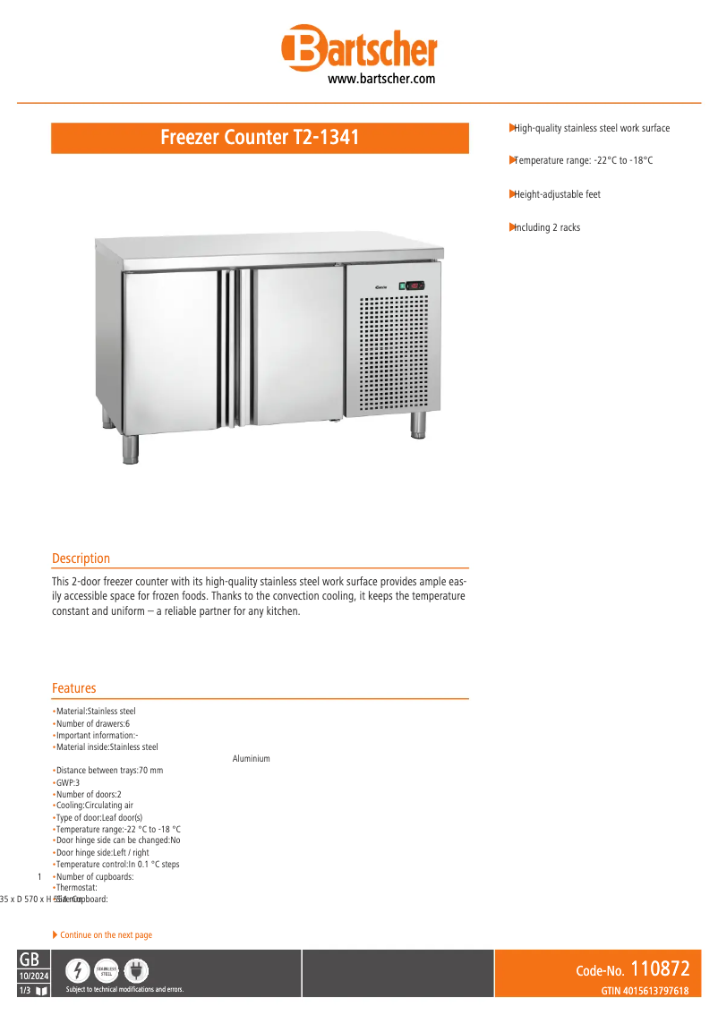 Page 1 de la notice Fiche technique Bartscher T2-1341