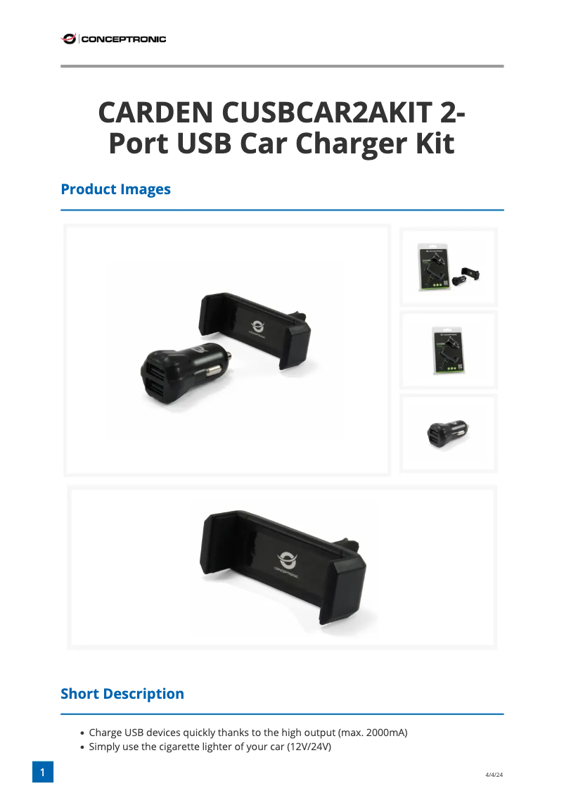Page n°1 - Fiche technique Conceptronic CUSBCAR2AKIT
