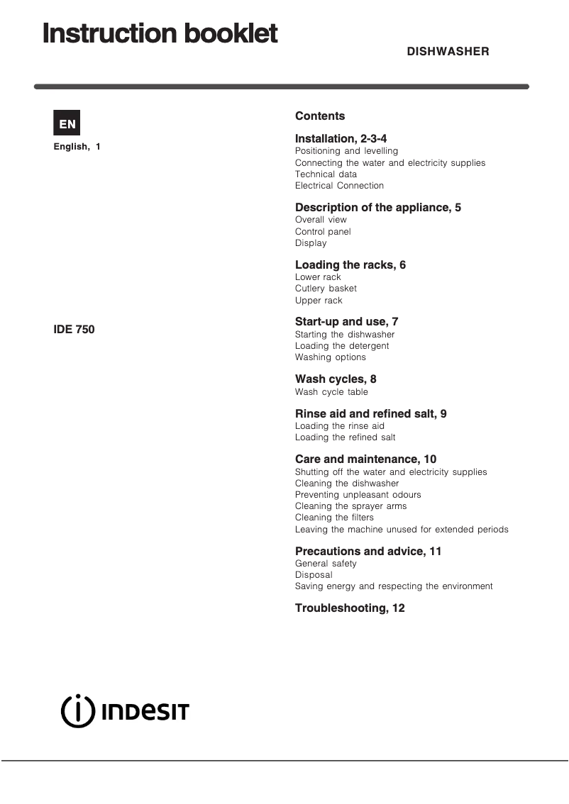 Page 1 de la notice Manuel utilisateur Indesit IDE 750