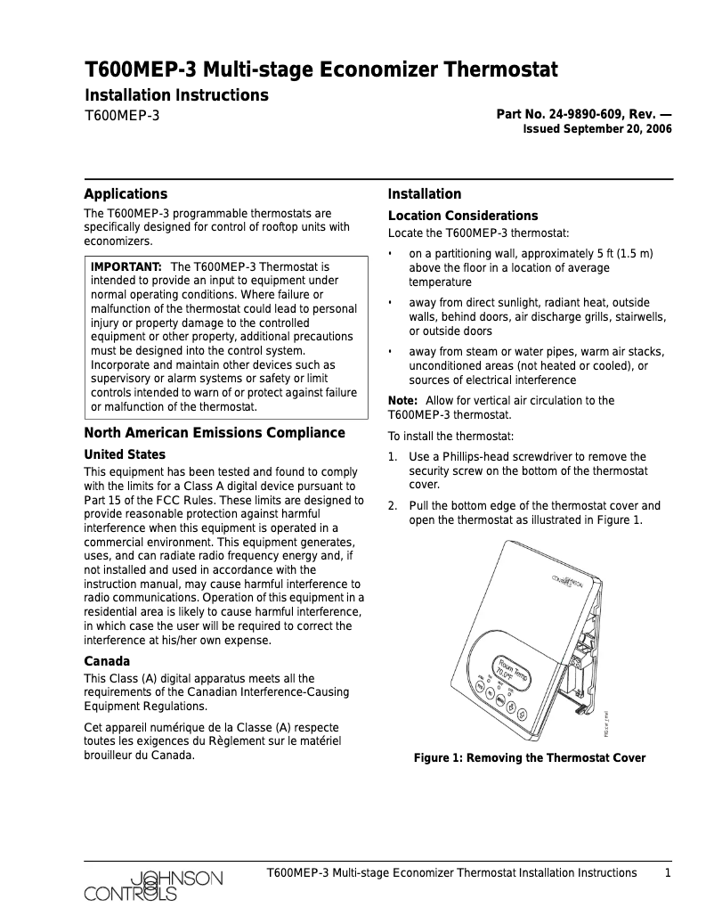 Page 1 de la notice Manuel utilisateur Johnson Control T600MEP-3