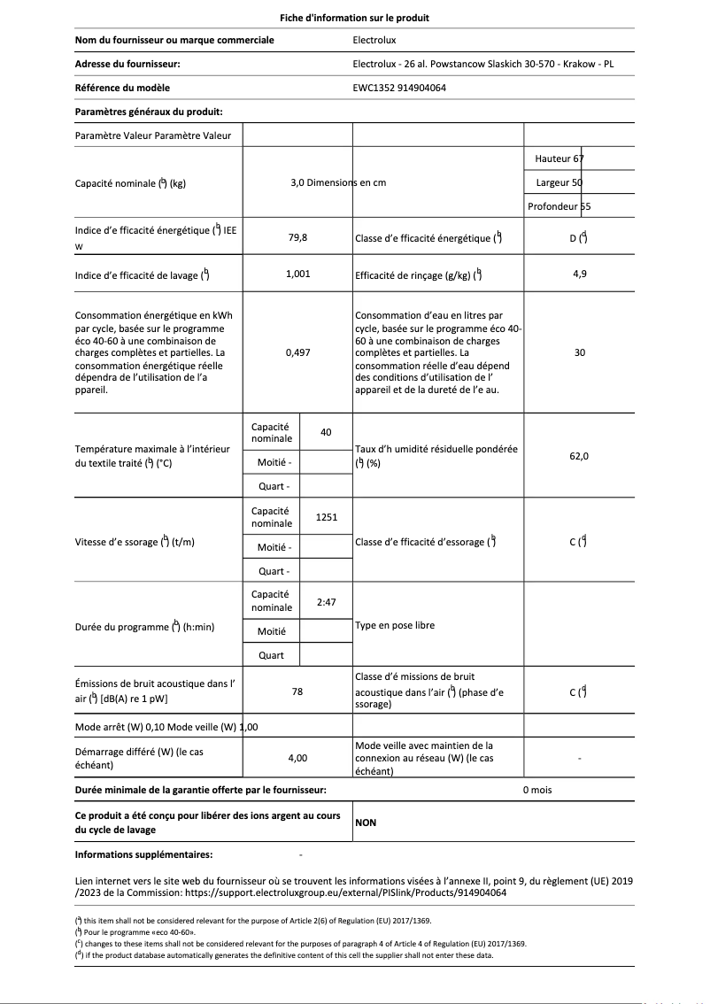 Page n°1 - Fiche technique Electrolux EWC1352