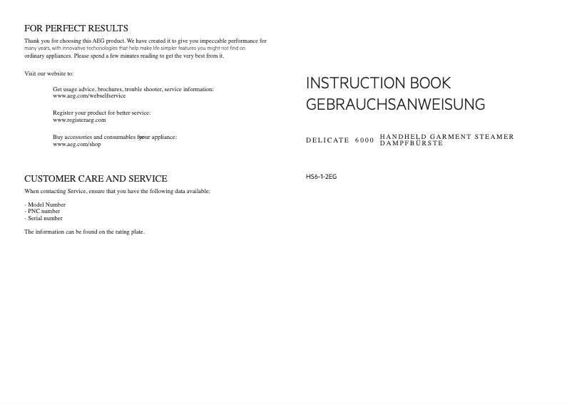 Page 1 de la notice Manuel utilisateur AEG Delicate 6000 HS6-1-2EG