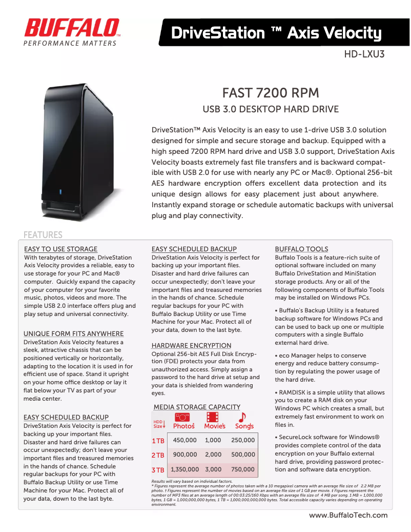 Page 1 de la notice Fiche technique Buffalo DriveStation Velocity