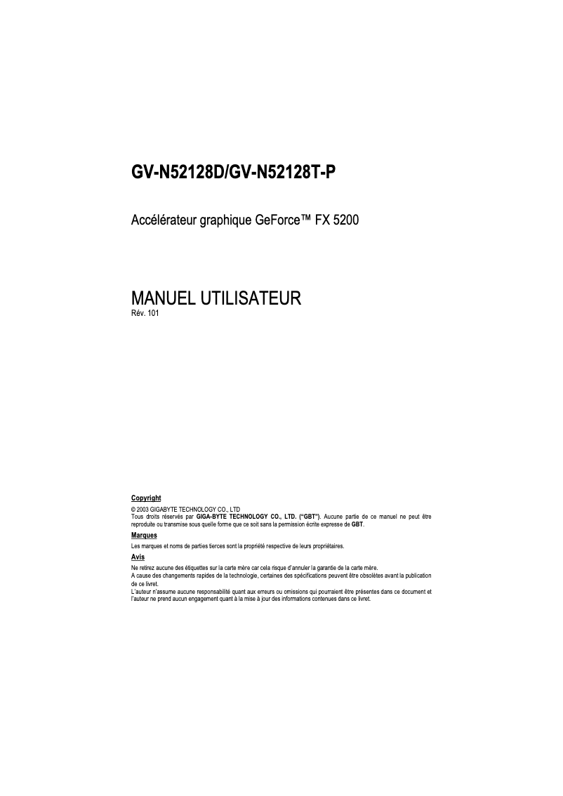 Page 1 de la notice Manuel utilisateur Gigabyte GV-N52128D