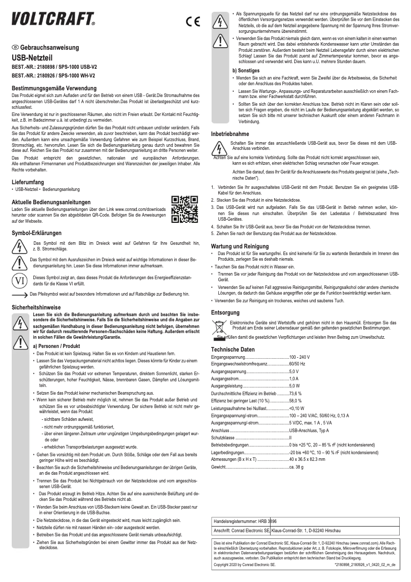 Page 1 de la notice Manuel utilisateur Voltcraft SPS-1000 USB-V2