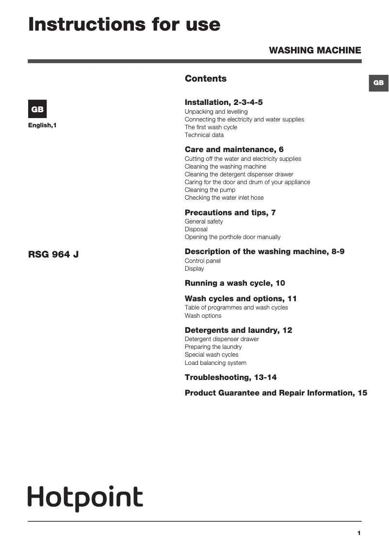 Page n°1 - Manuel utilisateur Hotpoint RSG 964 JX UK