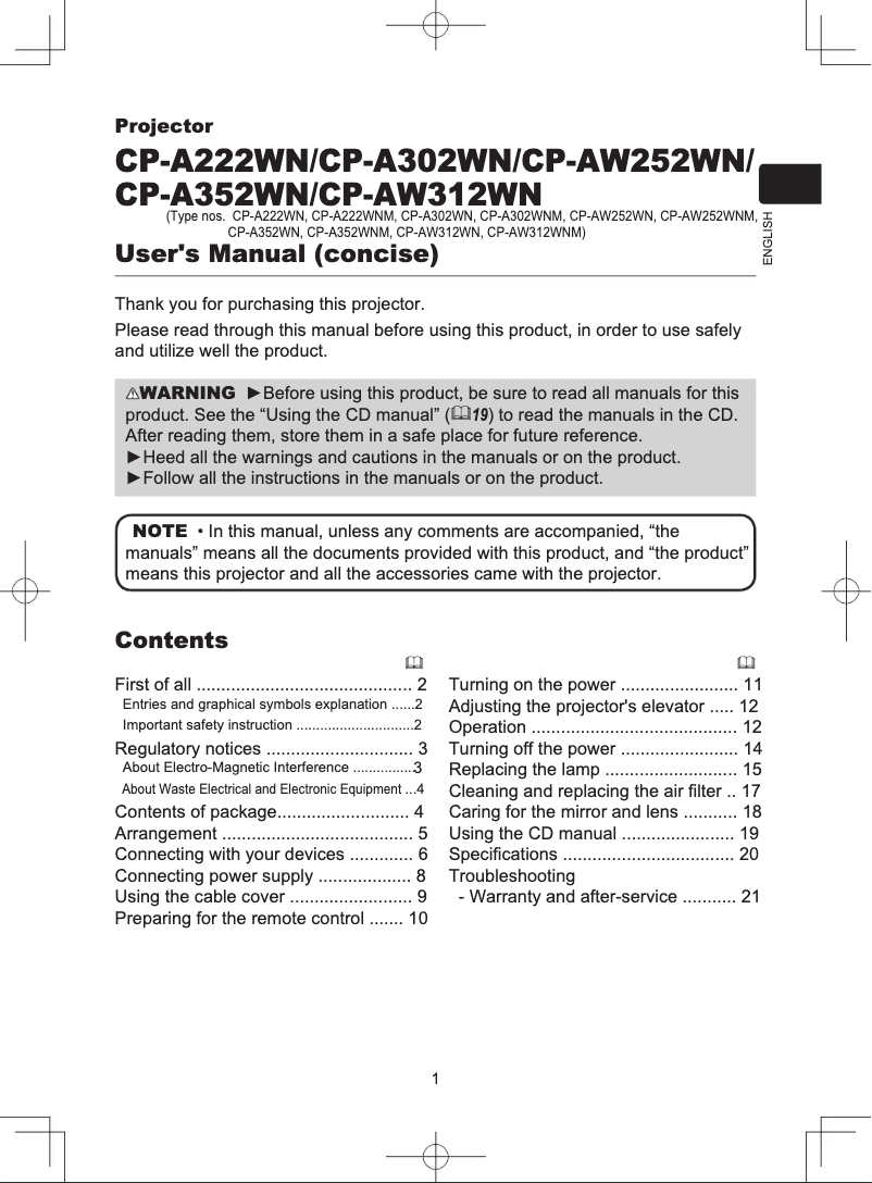 Image de la première page du manuel de l'appareil CP-AW252WN