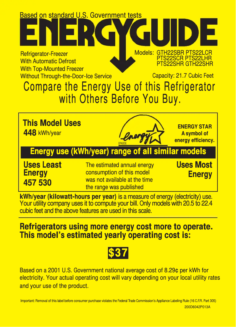 Page n°1 - Label énergétique GE Profile PTS22LCRWW