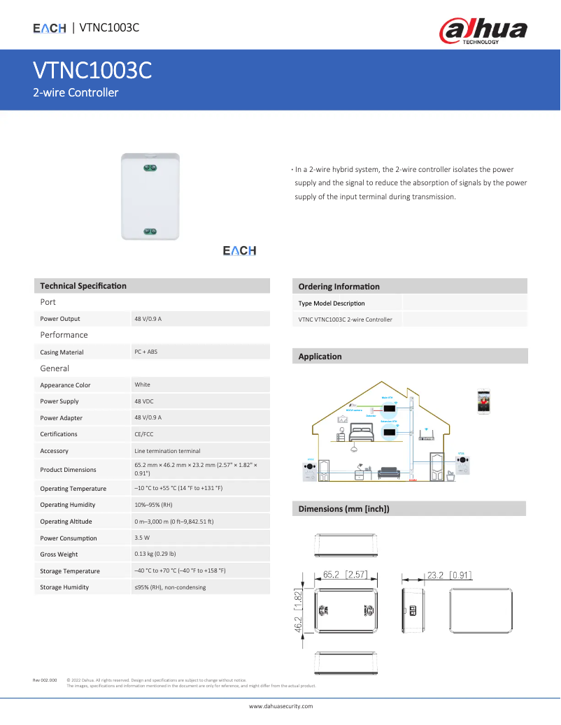 Page n°1 - Fiche technique Dahua Technology VTNC1003C