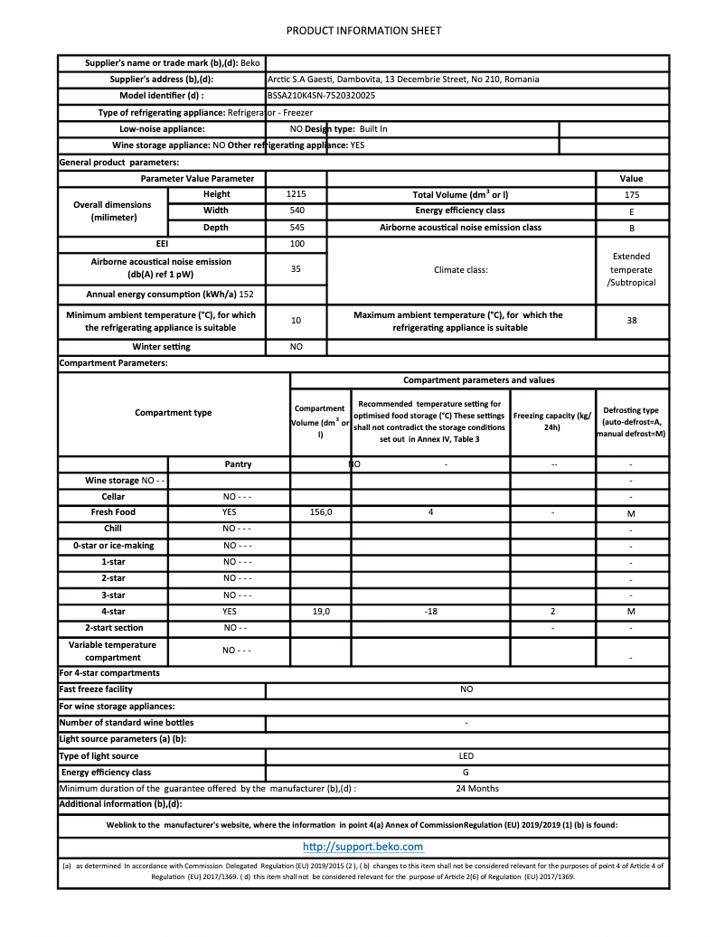 Page 1 de la notice Fiche technique Beko BSSA210K4SN