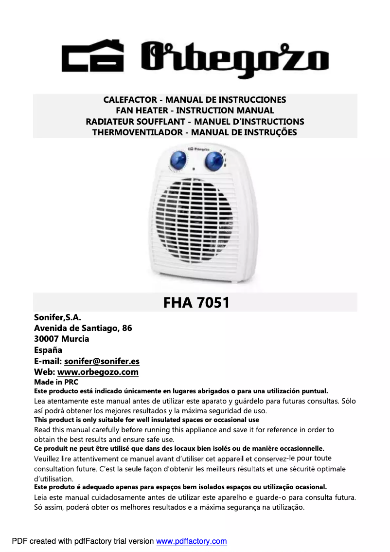 Page 1 de la notice Manuel utilisateur Orbegozo FHA 7051