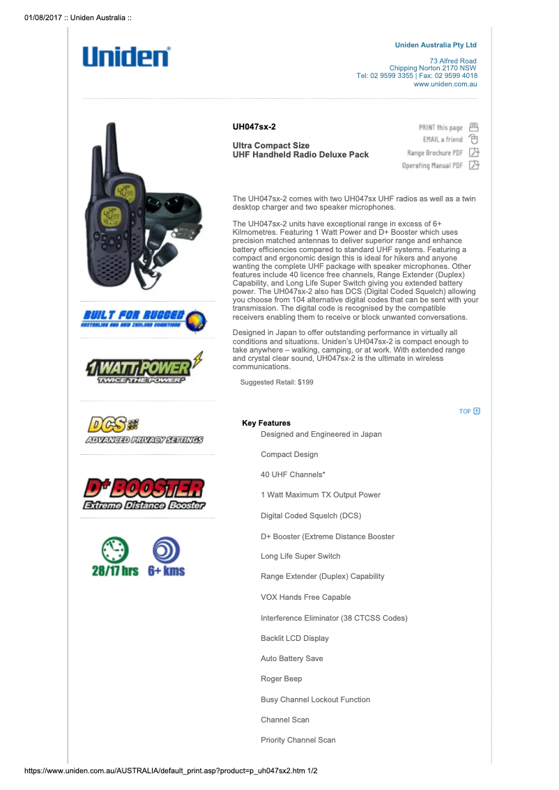 Page n°1 - Manuel utilisateur Uniden UH047SX