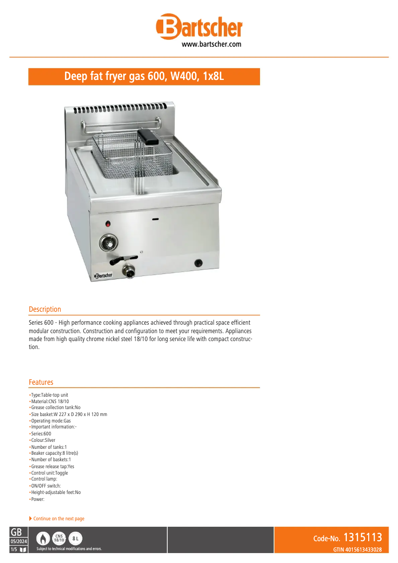 Page 1 de la notice Manuel utilisateur Bartscher 1315113