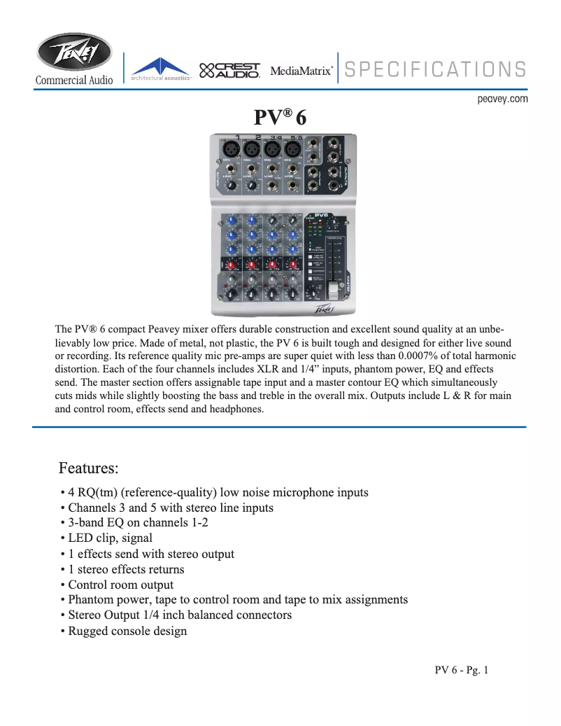 Página 1 del manual Ficha técnica Peavey PV 6