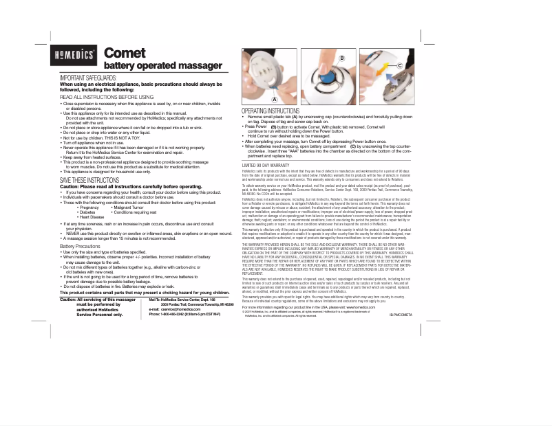 Page 1 de la notice Manuel utilisateur Homedics PM-COMET