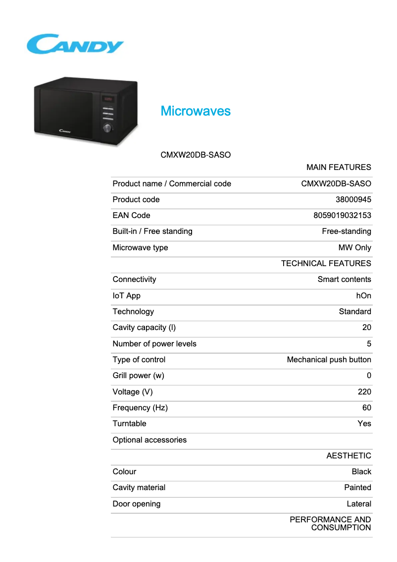 Page 1 de la notice Fiche technique Candy CMXW20DB-SASO