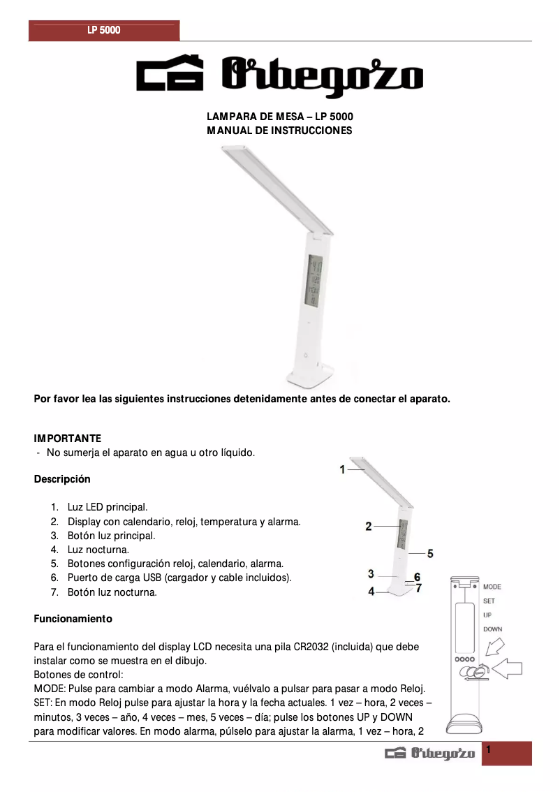 Page 1 de la notice Manuel utilisateur Orbegozo LP 5000