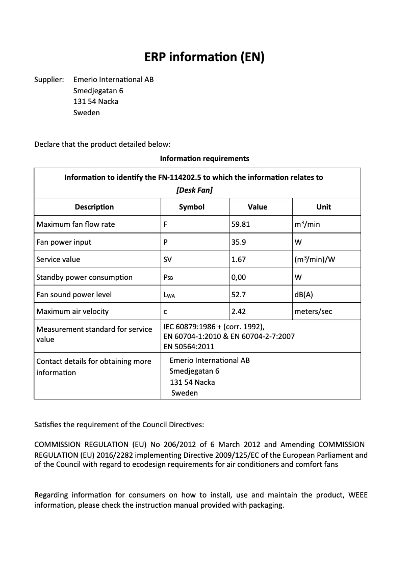 Page 1 de la notice Fiche technique Emerio FN-114202.5