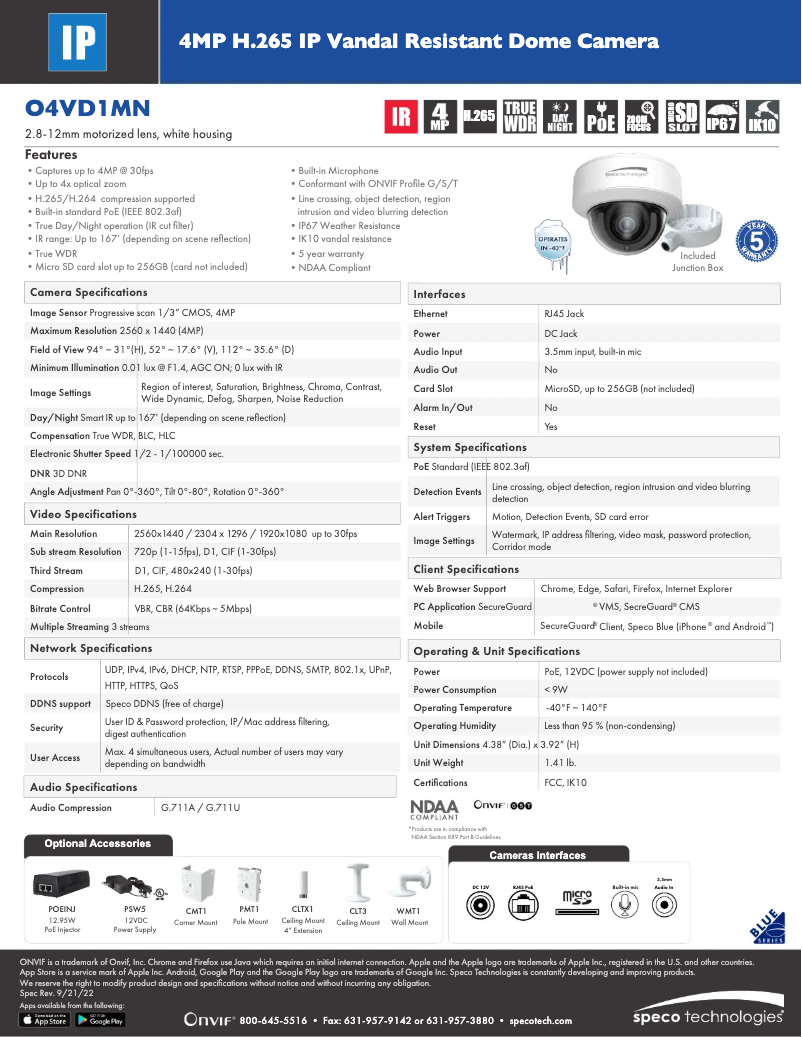 Página 1 del manual Ficha técnica Speco Technologies O4VD1MN