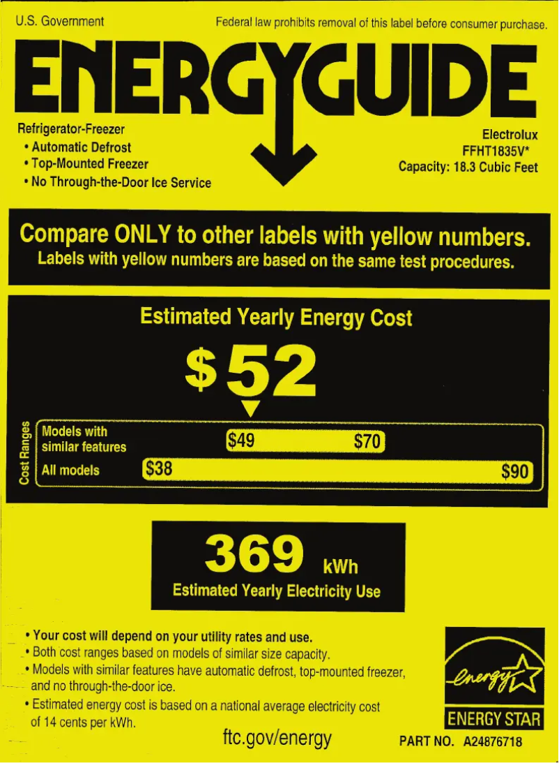 Page n°1 - Label énergétique Frigidaire FFHT1835VW