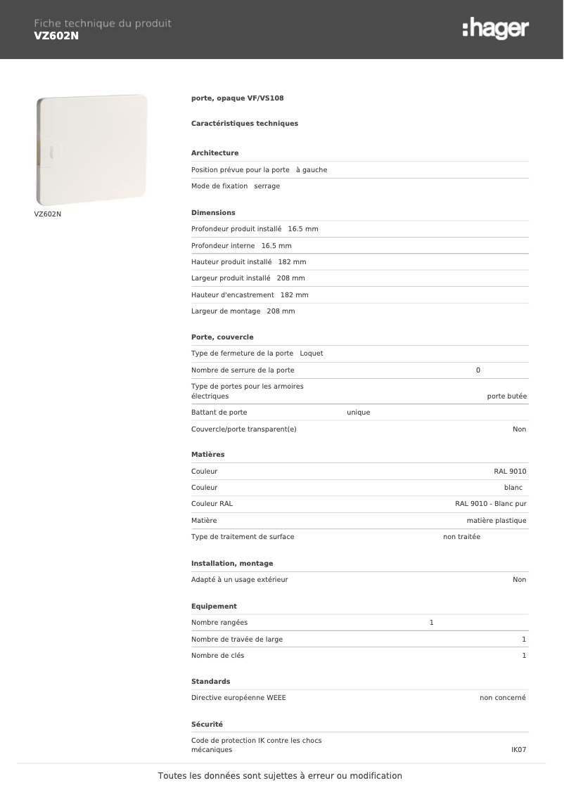 Page n°1 - Fiche technique Hager VZ602N