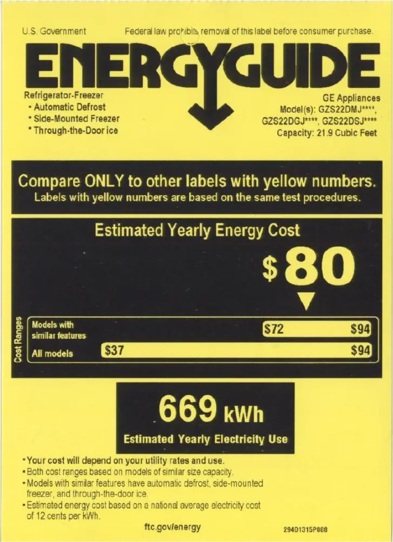 Page 1 de la notice Label énergétique GE GSHF6KGZWW
