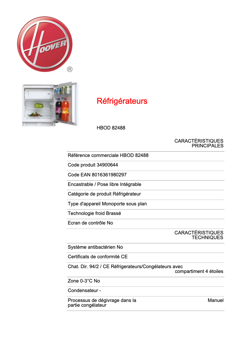 Page 1 de la notice Fiche technique Hoover HBOD 82488