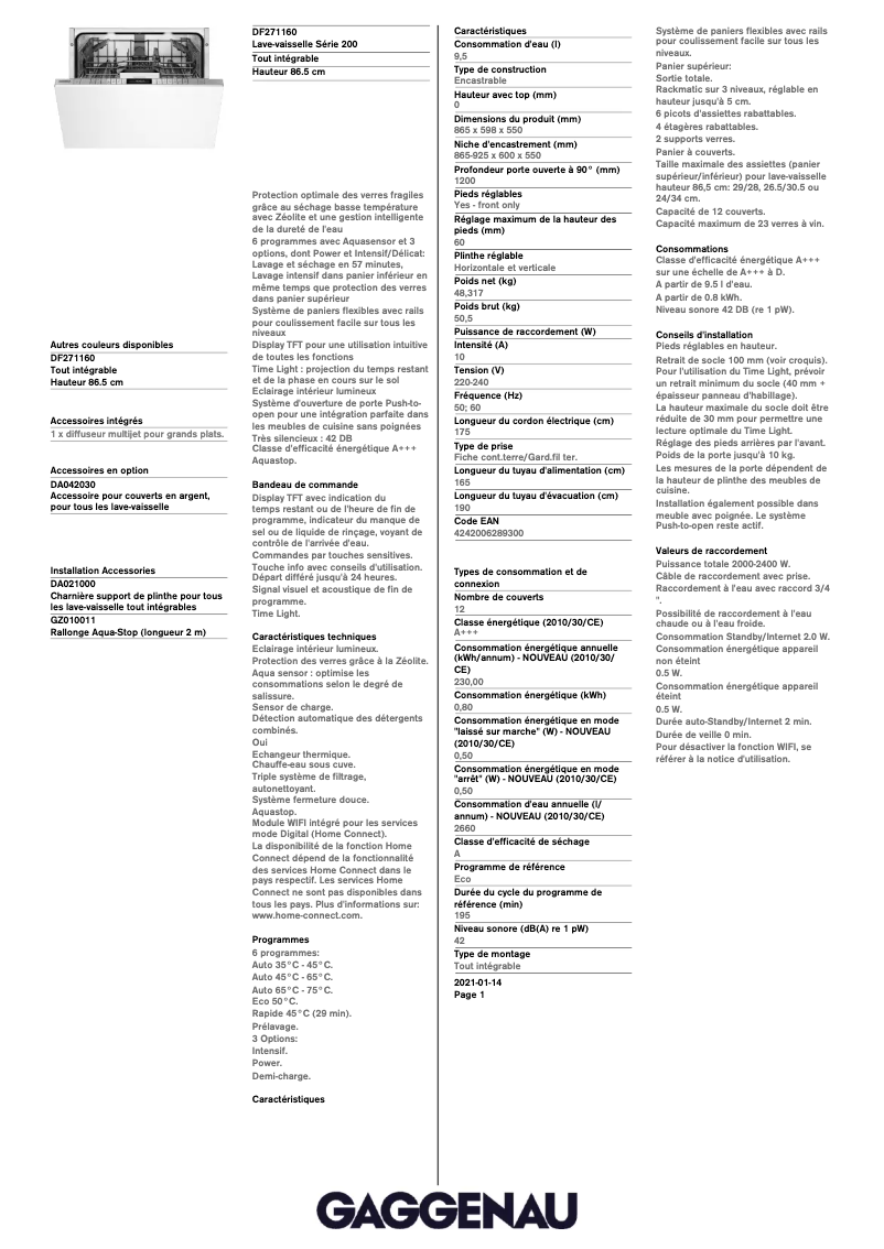 Page 1 de la notice Fiche technique Gaggenau DF271160