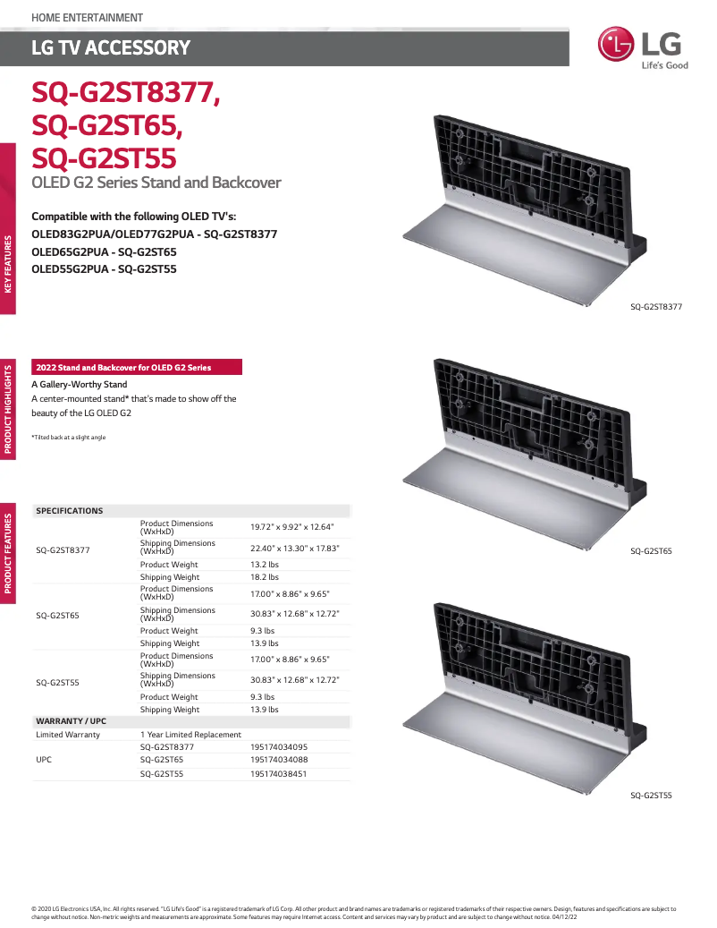 Page 1 de la notice Fiche technique LG SQ-G2ST65