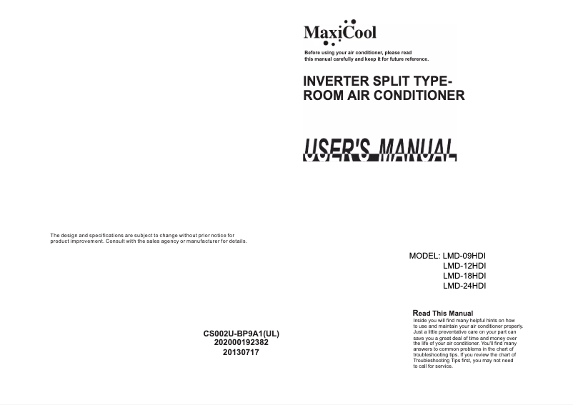 Page n°1 - Manuel utilisateur Maxicool LMD-09HDI