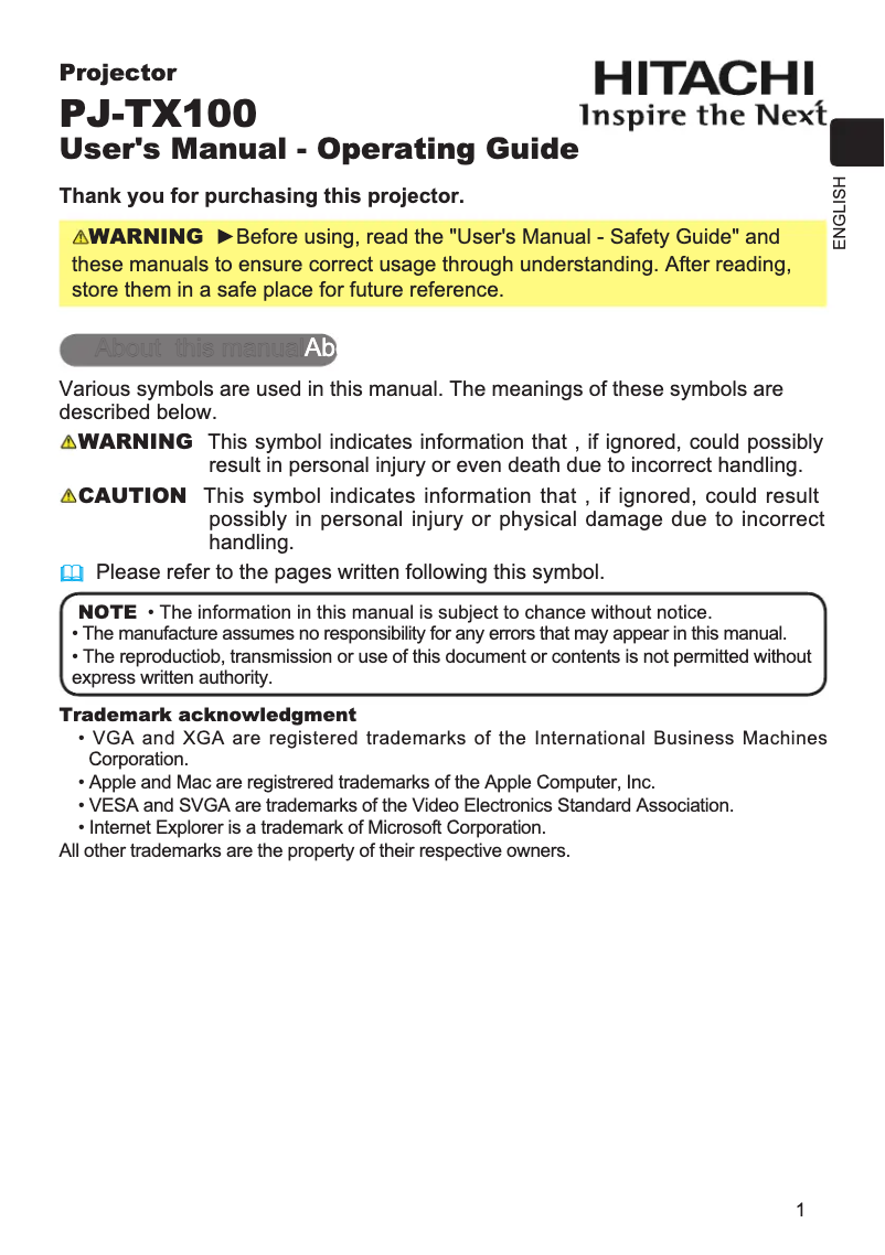 Page 1 de la notice Manuel utilisateur Hitachi PJ-TX100W