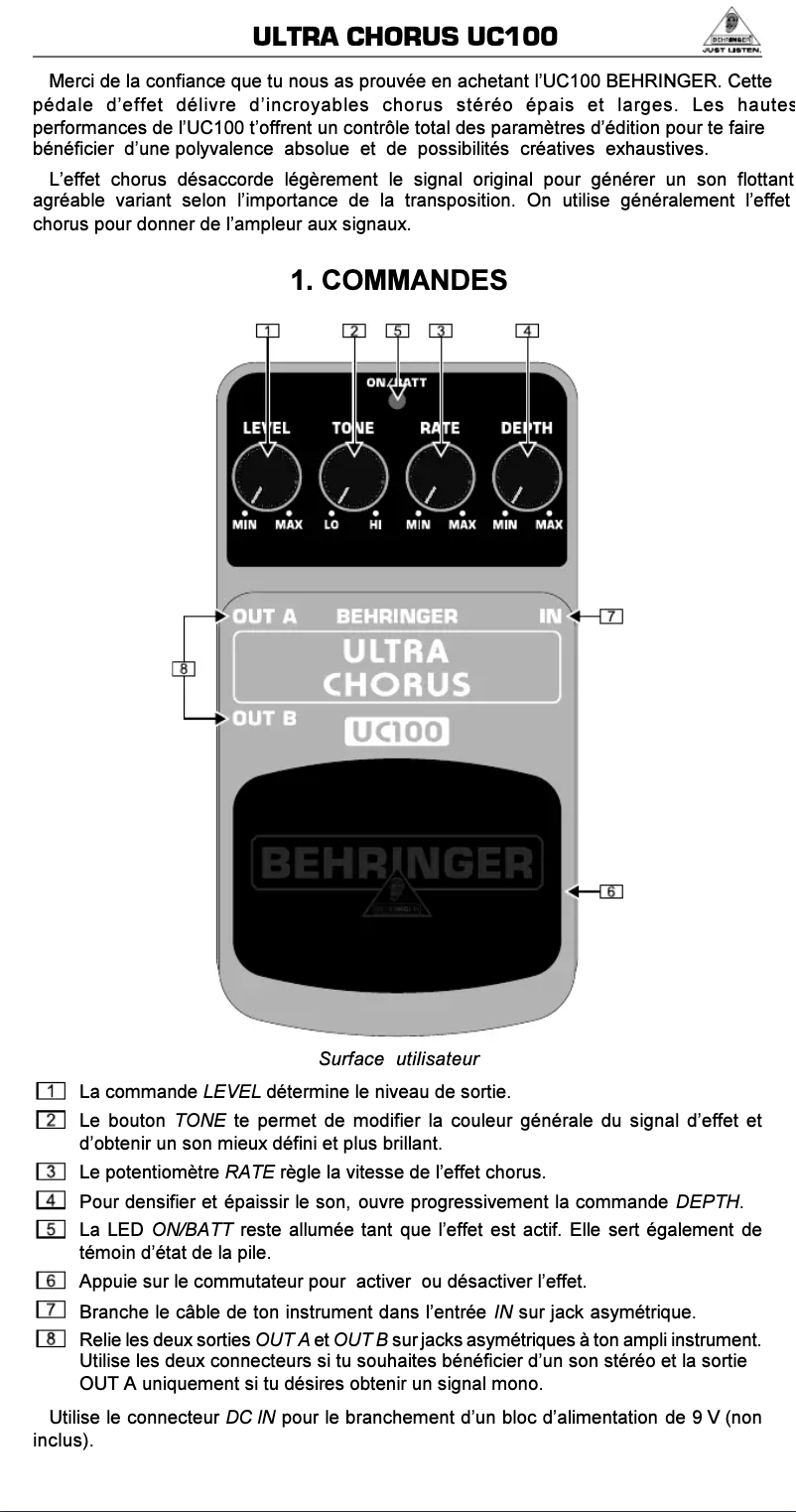 Page 1 of the manual User Manual Behringer Ultra Chorus UC100