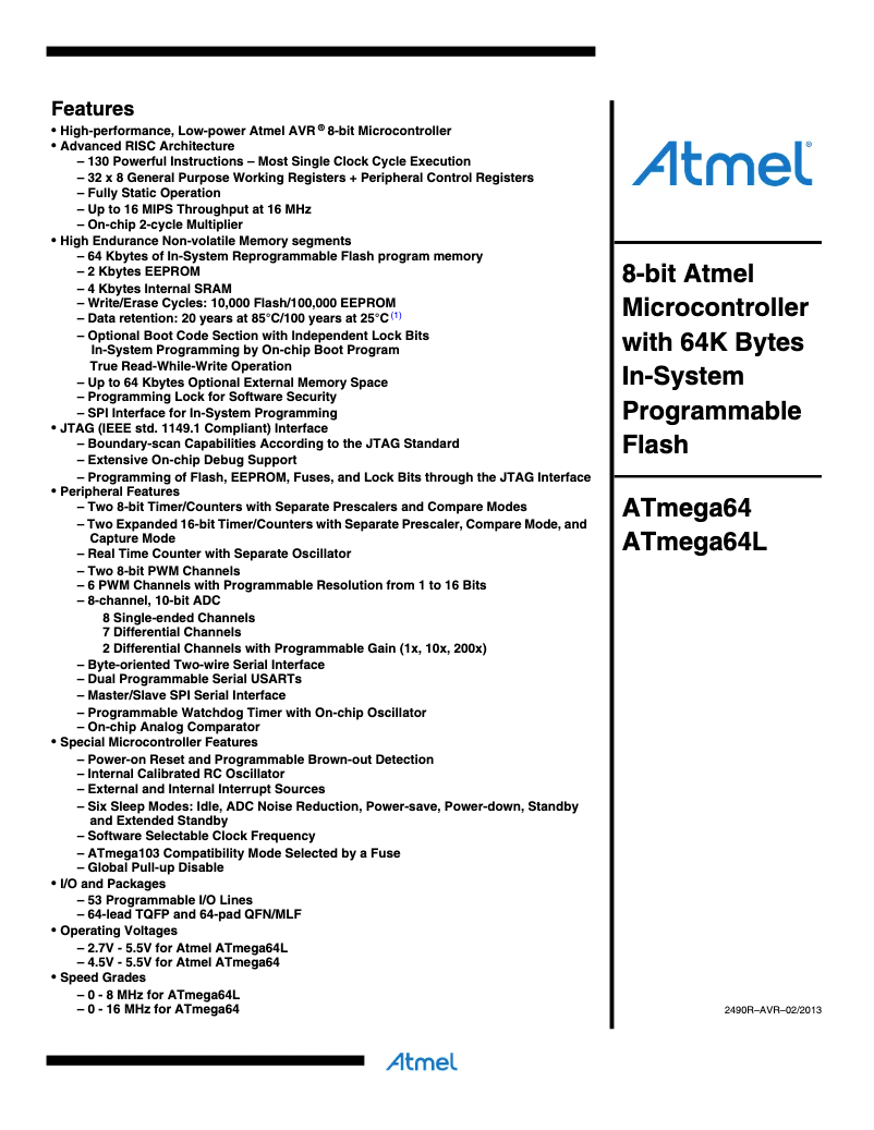 Página 1 del manual Ficha técnica Microchip ATmega64