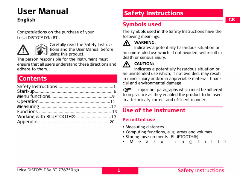 Page 1 de la notice Manuel utilisateur Leica Disto D3a BT