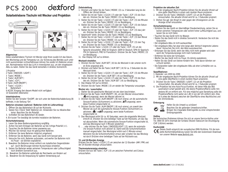 Page n°1 - Manuel utilisateur Dexford PCS 2000