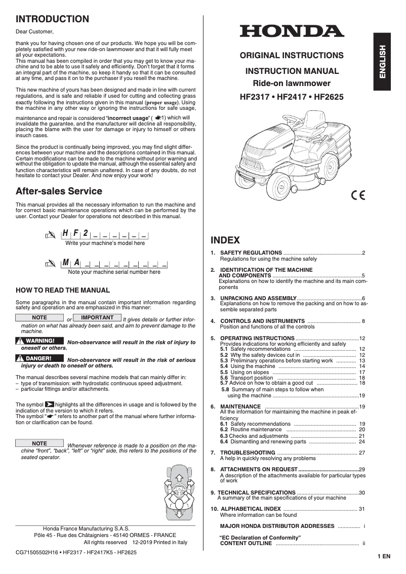 Page 1 of the manual User Manual Honda HF2417HTE
