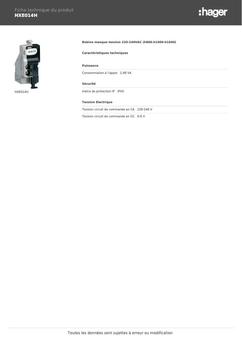 Page n°1 - Fiche technique Hager HXE014H