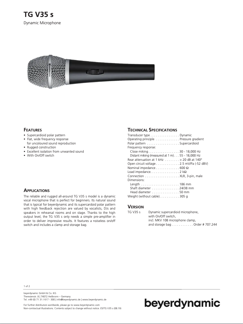 Page n°1 - Fiche technique Beyerdynamic TG V35 s