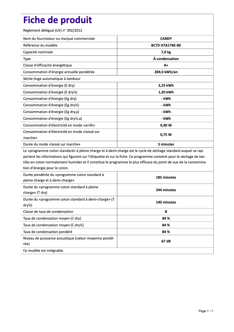 Image de la première page du manuel de l'appareil BCTD H7A1TBE-80