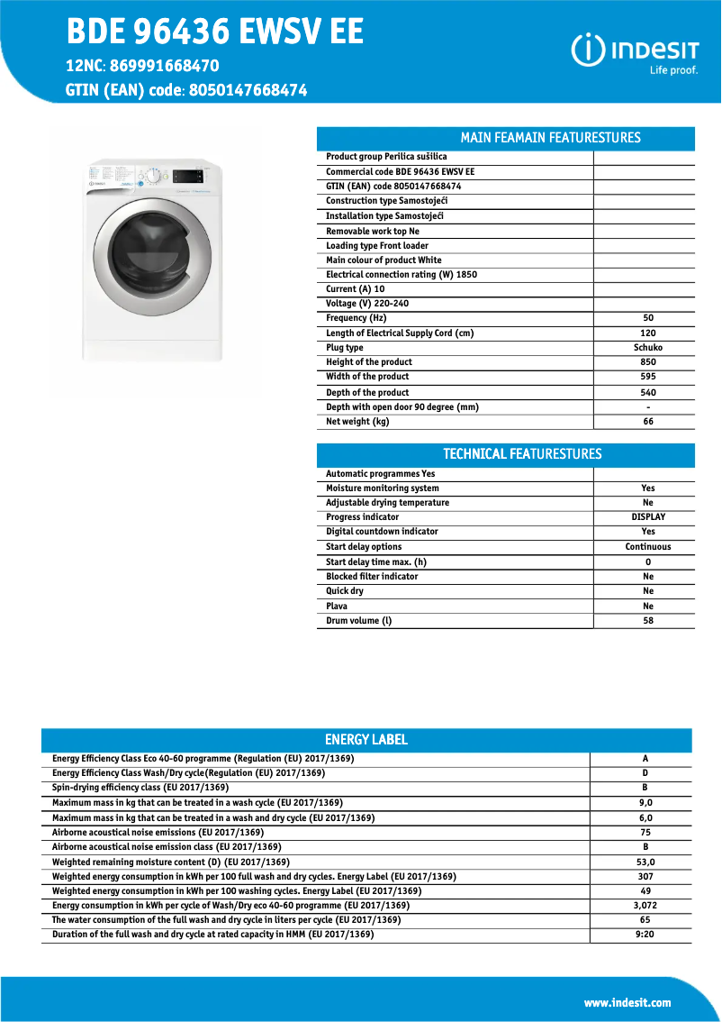 Page n°1 - Fiche technique Indesit BDE 96436 EWSV EE
