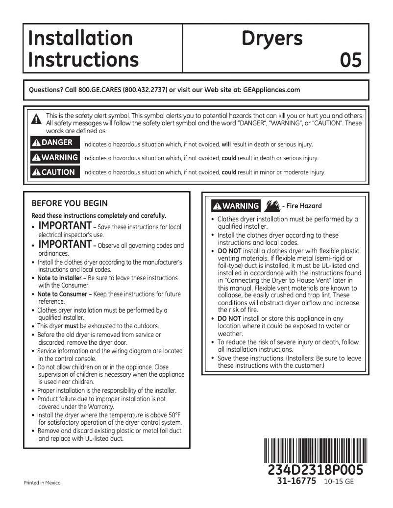 Page 1 de la notice Guide d'installation GE GTX33GASKWW