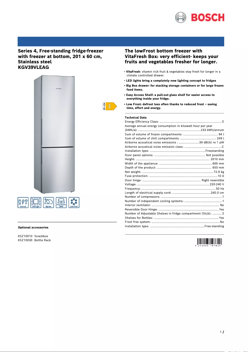 Page 1 de la notice Fiche technique Bosch KGV39VLEAG
