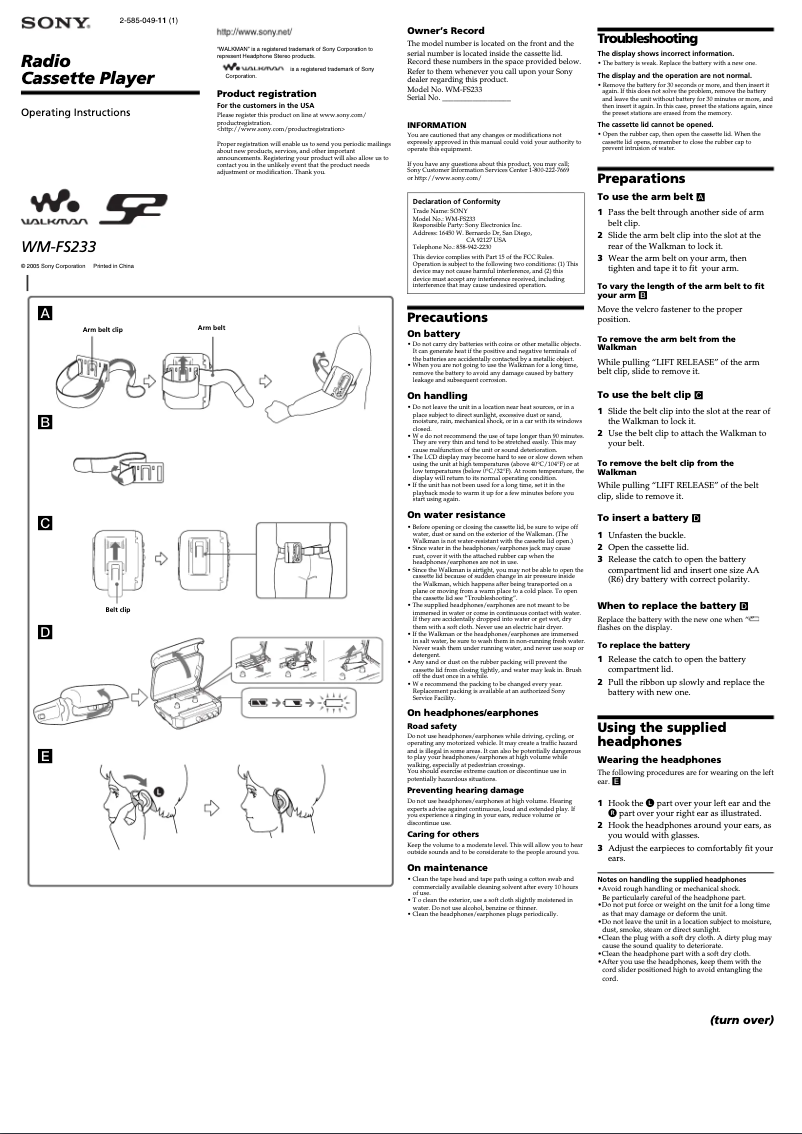 Page 1 de la notice Manuel utilisateur Sony Walkman WM-FS233