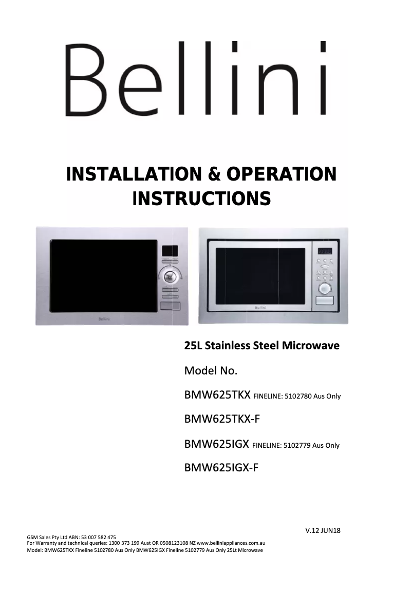 Page 1 de la notice Manuel utilisateur Bellini BMW625TKX