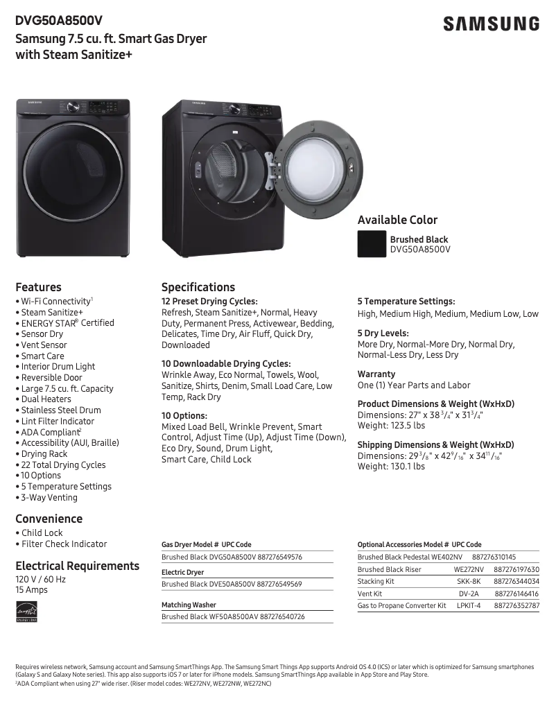 Page 1 de la notice Fiche technique Samsung DVG50A8500V