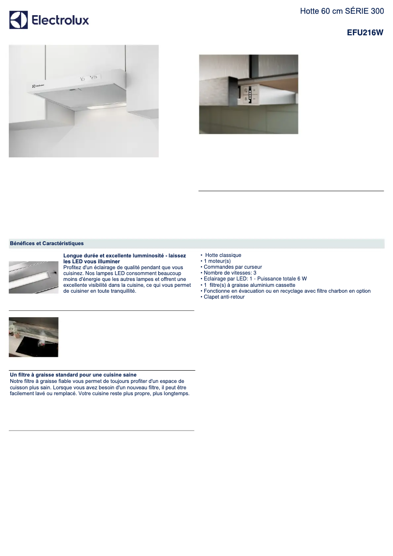 Page 1 de la notice Fiche technique Electrolux EFU216W