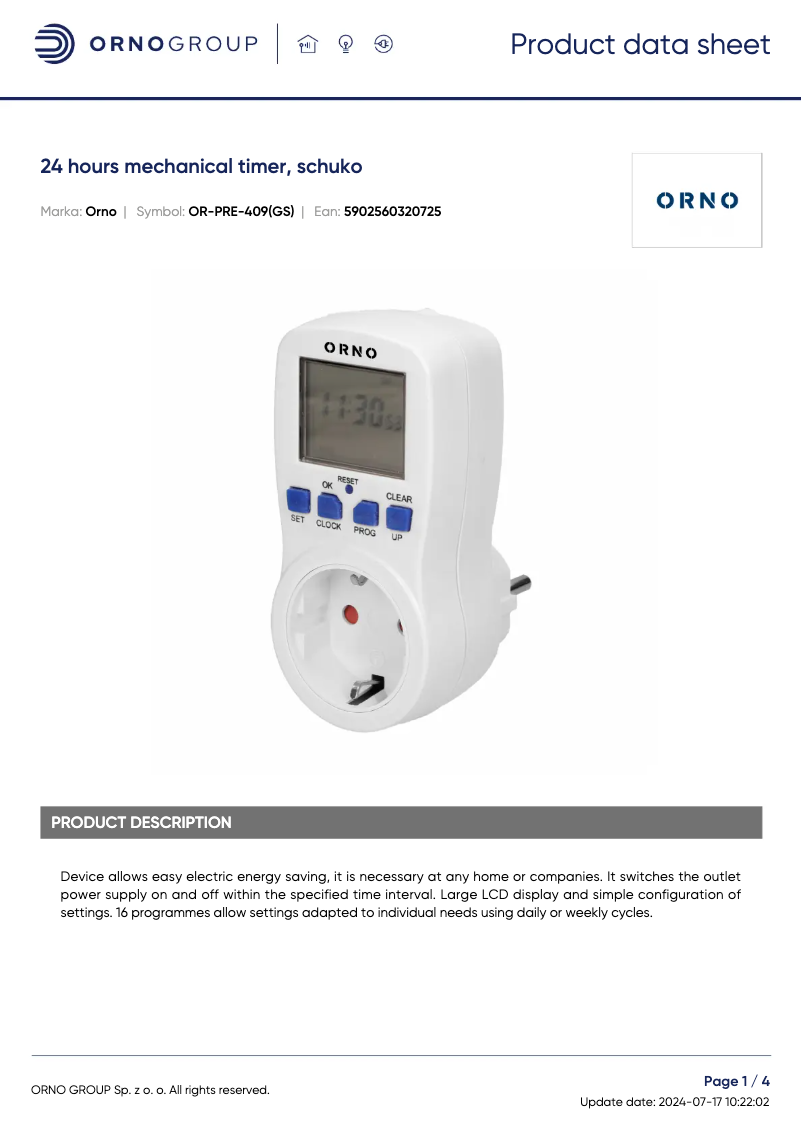Page 1 de la notice Fiche technique ORNO OR-PRE-409